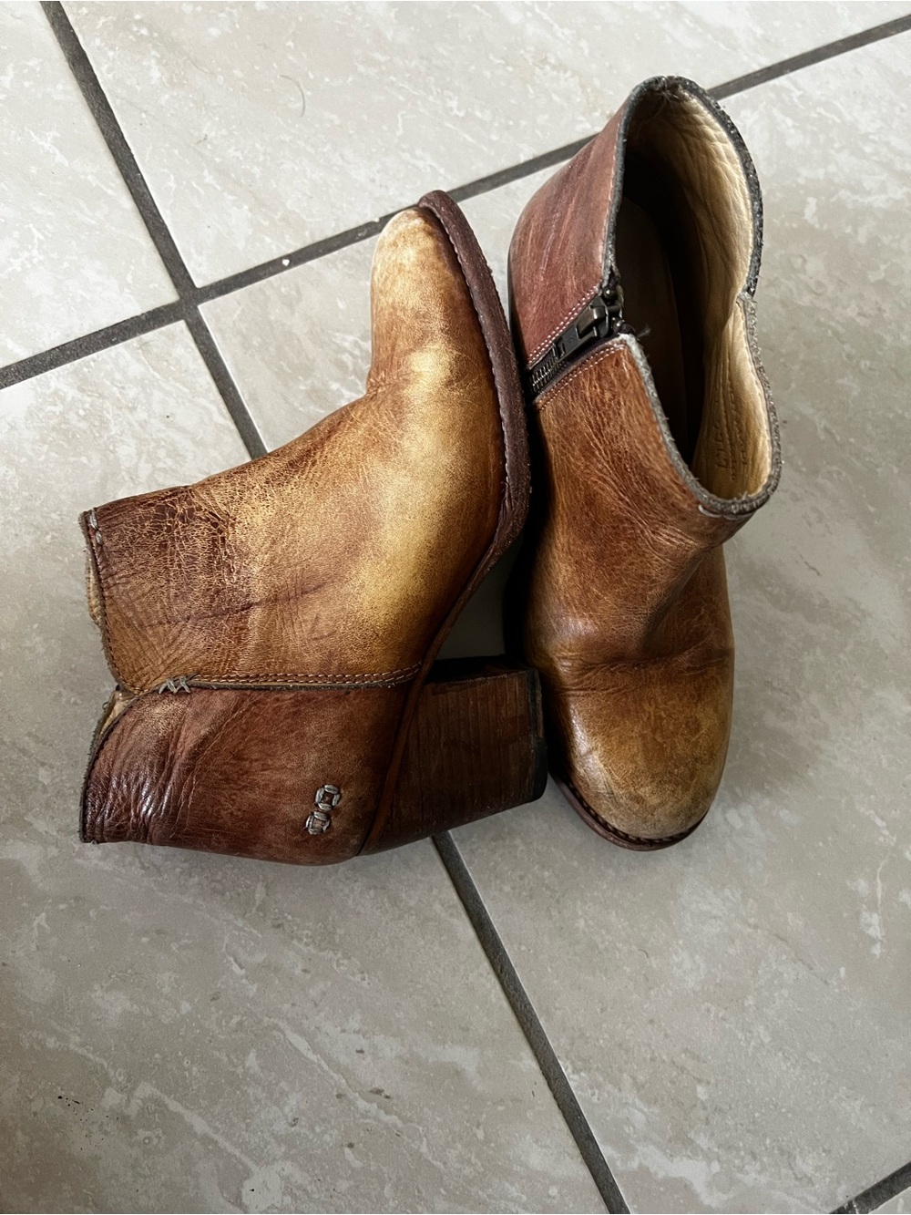 Bed Stu Distressed Two-Tone Brown Leather Ankle Booties - Picture 5 of 7